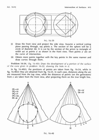 Art. 16-9] Intersection of Surfaces 413
FIG. 16-39
(i) Draw the front view and project the side view. Assume a vertical cutting
plane passing through, say points a. The section of the sphere will be a
circle of diameter bb. It is cut by the section of the prism (a rectangle of
width aa) at points a' as shown in the front view. Then points a' are on
the curve of intersection.
(ii) Obtain more points together with the key points in the same manner and
draw curves through them.
Problem 16-34. (fig. 'l 6-40): Draw the development of a portion of the surface
of the cone given in problem 16-22, showing the hole in it.
In fig. 16-40(i), the positions of points are taken from fig. 16-24, while in
fig. 16-40(ii) they are obtained from fig. 16-25. In each case, distances along the arc
are measured from the top view, while the distances of points (on the generators)
from o are taken from the front view, after projecting them on the true length line.
0
A B
(i)
FIG. 16-40
0
1
(ii)
2
 