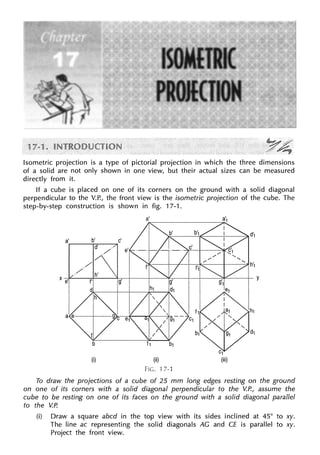 Isometric projection is a type of pictorial projection in which the three dimensions
of a solid are not only shown in one view, but their actual sizes can be measured
directly from it.
If a cube is placed on one of its corners on the ground with a solid diagonal
perpendicular to the V.P., the front view is the isometric projection of the cube. The
step-by-step construction is shown in fig. 17-1.
a'
(i) (ii)
FIG. 17-1
To draw the projections of a cube of 25 mm long edges resting on the ground
on one of its corners with a solid diagonal perpendicular to the V.P., assume the
cube to be resting on one of its faces on the ground with a solid diagonal parallel
to the V.P.
(i) Draw a square abed in the top view with its sides inclined at 45° to xy.
The line ac representing the solid diagonals AG and CE is parallel to xy.
Project the front view.
 