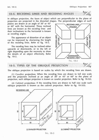 A.rt. 18-5] 467
In oblique projection, the faces of object which are perpendicular to the plane of
projection are projected in the distorted shapes. The perpendicular edges of such
planes are drawn at an angle of 30° or 45° RECEDING LINES
or 60° with the horizontal. These inclined UPWARDS
lines are known as the receding lines and
their inclinations to the horizontal is known
as receding angles.
The appearance of distortion of an object
can be improved by shortening the length
of the receding lines. Refer to fig. 18-3.
The receding lines may be inclined either
upwards or downwards, or to the left or
right depending upon the necessity to show
the details of an object effectively. Refer
fig. 18-2.
Fie. 18-2
The oblique projection is based on scales by which the receding lines are drawn.
(1) When the receding lines are drawn to full size scale
and the projectors inclined at an angle of 30° or 45° or 60° to the plane of
projection, such oblique projection is known as cavalier projection. Refer to fig. 18-3(i).
(2) Cabinet projection: If the receding lines are drawn to half size scale such
oblique projection is known as the cabinet projection. Refer to fig. 18-3(ii).
RECENDING LINE
),I
~1~][23
l 1. ,o ,I
60 60
(i) CAVALIER PROJECTION (ii) CABINET PROJECTION
FIG. 'l 3-3
 
