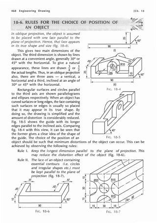 468 Engineering Drawing
In oblique projection, the object is assumed
to be placed with one face parallel to the
plane of projection. /-fence, that face appears
in its true shape and size (fig. 18-4).
This gives two main dimensions of the
object. The third dimension is shown by lines
drawn at a convenient angle, generally 30° or
45° with the horizontal. To give a natural
appearance, these lines are drawn t or i
the actual lengths. Thus, in an oblique projection
also, there are three axes - a vertical, a
horizontal and a third, inclined at an angle of
30° or 45° with the horizontal.
[Ch. 8
Rectangular surfaces and circles parallel Fie. l 8-4 ,-----,,
to the third axis are shown parallelograms
and ellipses respectively. When an object has
curved surfaces or long edges, the face containing
such surfaces or edges is usually so placed
that it may appear in its true shape. By
doing so, the drawing is simplified and the
amount of distortion is considerably reduced.
Fig. 18-5 shows the guide with its longer
edges parallel to the inclined axis. Comparing
fig. 18-4 with this view, it can be seen that
the former gives a clear idea of the shape of
the guide. The choice of the position of an FIG. ·1 8-5
object should be such that minimum distortions of the object can occur. This can be
achieved by observing the following rules:
Rule I. Keep the longest dimension parallel to the plane of projection. This
may reduce the distortion effect of the object (fig. 18-6).
Rule II. The face of an object containing /+-
essential contours (i.e. circles /
and irregular shapes etc.) must /
be kept parallel to the plane of _ / ·
projection (fig. 18-7). I
~M- - ~
~f~ ~'
go >I
Fie. 18-6 FIG. 18-7
 
