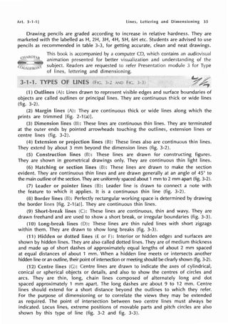 Art. 3-1-1] 1.ines, lettering and Dimensioning 35
Drawing pencils are graded according to increase in relative hardness. They are
marketed with the labelled as H, 2H, 3H, 4H, SH, 6H etc. Students are advised to use
pencils as recommended in table 3-3, for getting accurate, clean and neat drawings.
This book is accompanied by a computer CD, which contains an audiovisual
animation presented for better visualization and understanding of the
subject. Readers are requested to refer Presentation module 3 for Type
of lines, lettering and dimensioning.
(1) Outlines (A): Lines drawn to represent visible edges and surface boundaries of
objects are called outlines or principal lines. They are continuous thick or wide lines
(fig. 3-2).
(2) lines (A): They are continuous thick or wide lines along which the
prints are trimmed [fig. 2-1 (a)].
(3) (B): These lines are continuous thin lines. They are terminated
at the outer ends by pointed arrowheads touching the outlines, extension lines or
centre lines (fig. 3-2).
(4) Extension or projection lines (B): These lines also are continuous thin lines.
They extend by about 3 mm beyond the dimension lines (fig. 3-2).
(5) Construction lines (B): These lines are drawn for constructing figures.
They are shown in geometrical drawings only. They are continuous thin light lines.
(6) or section lines (B): These lines are drawn to make the section
evident. They are continuous thin lines and are drawn generally at an angle of 45° to
the main outline of the section. They are uniformly spaced about 1 mm to 2 mm apart (fig. 3-2).
(7) or pointer lines (B): Leader line is drawn to connect a note with
the feature to which it applies. It is a continuous thin line (fig. 3-2).
{8) lines (B): Perfectly rectangular working space is determined by drawing
the border lines [fig. 2-1 (a)]. They are continuous thin lines.
(9) lines (C): These lines are continuous, thin and wavy. They are
drawn freehand and are used to show a short break, or irregular boundaries (fig. 3-3).
(1 long-break lines (D): These lines are thin ruled lines with short zigzags
within them. They are drawn to show long breaks (fig. 3-3).
(11) or dotted lines (E or F): Interior or hidden edges and surfaces are
shown by hidden lines. They are also called dotted lines. They are of medium thickness
and made up of short dashes of approximately equal lengths of about 2 mm spaced
at equal distances of about 1 mm. When a hidden line meets or intersects another
hidden line or an outline, their point of intersection or meeting should be clearly shown (fig. 3-2).
(12) Centre lines (G): Centre lines are drawn to indicate the axes of cylindrical,
conical or spherical objects or details, and also to show the centres of circles and
arcs. They are thin, long, chain lines composed of alternately long and dot
spaced approximately 1 mm apart. The long dashes are about 9 to 12 mm. Centre
lines should extend for a short distance beyond the outlines to which they refer.
For the purpose of dimensioning or to correlate the views they may be extended
as required. The point of intersection between two centre lines must always be
indicated. Locus lines, extreme positions of movable parts and pitch circles are also
shown by this type of line (fig. 3-2 and fig. 3-3).
 