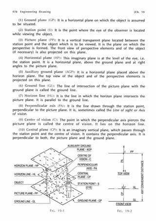 478 [Ch. 19
(1) Gwum:!
to be situated.
(GP): It is a horizontal plane on which the object is assumed
Station : It is the point where the eye of the observer is located
while viewing the object.
Picture (PP): It is a vertical transparent plane located between the
station point and the object which is to be viewed. It is the plane on which the
perspective is formed. The front view of perspective elements and of the object
(if necessary) is also projected on this plane.
Horizontal P): This imaginary plane is at the level of the eye, i.e.
the station point. It is a horizontal plane, above the ground plane and at right
angles to the picture plane.
(AGP): It is a horizontal plane placed above the
horizon plane. The top view of the object and of the perspective elements is
projected on this plane.
Ground The line of intersection of the picture plane with the
ground plane is called the ground line.
Horizon line L): It is the line in which the horizon plane intersects the
picture plane. It is parallel to the ground line.
axis : It is the line drawn through the station point,
perpendicular to the picture plane. It is, sometimes called the Line of sight or Axis
of vision.
of vision : The point in which the perpendicular axis pierces the
picture plane is called the centre of vision. It lies on the horizon line.
Central (CP): It is an imaginary vertical plane, which passes through
the station point and the centre of vision. It contains the perpendicular axis. It is
perpendicular to both, the picture plane and the ground plane.
OBJECT
GROUND LINE •GL
Fie. ·19.1
AUXILIARY GROUND
PLANE-AGP
CENTRE OF
VISION-C
PERPENDICULAR
AXIS-PA
CENTRAL
PLANE-GP
STATION POINT· S
(EYE)
X
ic
a:I
L
TOP VIEW
pp
lw
(.)
z
t;
15
~
w
z
w
>
z
- -r-~j;
GL
FRONT VIEW
Fie. ·19.:z
 