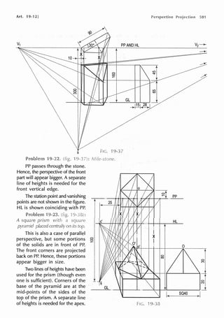 Art. 19-12]
s
PP passes through the stone.
Hence, the perspective of the front
part will appear bigger. A separate
line of heights is needed for the
front vertical edge.
The station point and vanishing
points are not shown in the figure.
HL is shown coinciding with PP.
This is also a case of parallel
perspective, but some portions
of the solids are in front of PP.
The front corners are projected
back on PP. Hence, these portions
appear bigger in size.
Two lines of heights have been
used for the prism (though even
one is sufficient). Corners of the
base of the pyramid are at the
mid-points of the sides of the
top of the prism. A separate line
of heights is needed for the apex.
PP AND HL
0
c.o
"i 9-37
GL
~-+-++-t~...-+-+ +...,.,...,,__...__,.................E.E___
r·25
I
I ,
I
X
I
HL
501
$! 1'
I l O I
ll ~
---"'-GL"- ---+-t-----'- ----"1--1---'-'---------' _r_
SQ40
) I
 