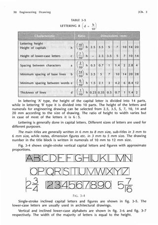 38 [Ch. 3
TABU: 3-5
h C~) h 2.5 3.5 5 7 10 14 20
Height of lower-case letters C C;o) h 2.5 3.5 5 7 10 14
Spacing between characters a
c~ h 0.5 0.7 1 1.4 2 2.8 4
Minimum spacing of base lines b C;) h 3.5 5 7 10 14 20 28
Minimum spacing between words e CG~ h 1.5 2.1 3 4.2 6 BA 12
Thickness of lines d
c~ h 0.25 0.35 0.5 0.7 1 1.4 2
In lettering 'A' type, the height of the capital letter is divided into 14 parts,
while in lettering 'B' type it is divided into 10 parts. The height of the letters and
numerals for engineering drawing can be selected from 2.5, 3.5, 5, 7, 10, 14 and
20 mm according to the size of drawing. The ratio of height to width varies but
in case of most of the letters it is 6 : 5.
Lettering is generally done in capital letters. Different sizes of letters are used for
different purposes.
The main titles are generally written in 6 mm to 8 mm size, sub-titles in 3 mm to
6 mm size, while notes, dimension figures etc. in 3 mm to 5 mm size. The drawing
number in the title block is written in numerals of 10 mm to 12 mm size.
Fig. 3-4 shows single-stroke vertical capital letters and figures with approximate
proportions.
IIIICIDIE IE IGIBIILJIK:11 IKJtsJI
t~JF?ltJEcllSII IILJIKJl/'v11><Jb1V:I
~~ lllkTIDSIJBgo 516
Fie. 3-4
Single-stroke inclined capital letters and figures are shown in fig. 3-5. The
lower-case letters are usually used in architectural drawings.
Vertical and inclined lower-case alphabets are shown in fig. 3-6 and fig. 3-7
respectively. The width of the majority of letters is equal to the height.
 