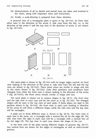 518 Engineering Drawing [Ch. 20
(iii) Measurements of all its details and overall sizes are taken and inserted in
the views, along with important notes and instructions.
(iv) Finally, a scale-drawing is prepared from these sketches.
A pictorial view of a rectangular plate is given in fig. 20-13(i). Its front view
when seen in the direction of the arrow X, side view from the left, i.e. in the
direction of the arrow Y and the top view in the direction of arrow Z, are shown
in fig. 20-13(ii).
D
(i) (ii)
FIG. 20-13
(i)
FIG. 20-14
The same plate is shown in fig. 20-14(i) with its longer edges vertical. Its front
view looking in the direction of the arrow X, side view from the left and the top
view are shown in fig. 20-14(ii). These three views are similar in shape and size
to the views shown in fig. 20-13(ii). Only their positions and conditions have
changed. Even when the front view is drawn looking in the direction of the arrow
Y [fig. 20-14(iii)J, the three views remain similar in shape and size.
The same plate is shown cut in various shapes in fig. 20-15. The front view
and the side view in each case will be the same as in fig. 20-13(ii). The changed
shapes will be seen in the top view of each plate. If these plates are kept in the
position shown in fig. 20-14(i), the front view in each case (looking in direction
of the arrow X) will show a different shape, while the side view and the top view
will be rectangles.
A plate cut in three different ways is shown in fig. 20-16. The front view in
each case is the same, viz. a rectangle with a vertical line ab for the edge AB. The
side view from the right in each case will be a rectangle with a vertical line cd
for the edge CD. The top view in each case shows the shape of the cut.
In the front view of the plate having different shapes of grooves (fig. 20-17),
two vertical lines are drawn for the edges of rectangular as well as semi-circular
grooves.
 