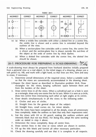 522 Engineering Drawing [Ch. 20
TABLE 20-1
INCORRECT CORRECT INCORRECT CORRECT INCORRECT CORRECT
Q--- L___ (iv) -$- I
I ! I I
(i) -·+- (vii) I I
I
~:1:0
I I i ls;- . _)
I
M--$- $
t--
Q--- I
(viii)
ft- (t-
(ii) f....---
I
I I
I
I I
i I
(iii) 6---
I
(vi) -€:!}- __j___
L ___
(ix)=OO=== -----
-----
(v) (a) When a visible line coincides with either a dotted line or a centre line,
the visible line is shown and a centre line is extended beyond the
outlines of the view.
(b) When a section-plane line coincides with a centre line, the centre line
is shown and the section-plane line is drawn outside the out-lines of
the object at the ends of centre line by thick dashes.
(c) When a dotted line coincides with the centre line, the dotted line
should be shown.
~4
A scale-drawing must always be prepared from freehand sketches initially prepared
from a pictorial view or a real object. In the initial stages of a drawing, always use a
soft pencil viz. HB, and work with a light hand, so that lines are thin, faint and easy
to erase, if necessary.
1. Determine overall dimensions of the required views. Select a suitable scale
so that the views are conveniently accommodated in the drawing sheet.
2.Prepare the sheet layout as described in illustrative problem 20-8. Draw
rectangles for the views, keeping sufficient space between them and
from the borders of the sheet.
3. Draw centre lines in all the views. When a cylindrical part or a hole is seen
as a rectangle, draw only one centre line for its axis. When it is seen as a circle,
draw two centre lines intersecting each other at right angles at its centre.
4. Draw details simultaneously in all the views in the following order:
(i) Circles and arcs of circles.
(ii) Straight lines for the general shape of the subject.
(iii) Straight lines, small curves etc. for minor details.
5. After the views have been completed in all the details, erase all unnecessary
lines completely. Make the outlines so faint that only their impressions exist.
6. Fair the views with 2H or 3H pencil, making the outlines uniform and
intensely black (but not too thick). For doing this, adopt the same working
order as stated in step 4 above.
7. Dimension the views completely. Keep all centre lines.
8. Draw section lines in the view or views which are shown in section.
9. Fill up the title block and furnish all other necessary particulars.
10. Check the drawing carefully and see that it is complete in all respects.
 