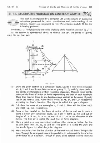 Art. 21-1-3] Centres of Gravity and Moments of Inertia of Areas 541
~~-
-c~ ~
This book is accompanied by a computer CD, which contains an audiovisual
animation presented for better visualization and understanding of the
subject. Readers are requested to refer Presentation module 50 for the
following problem.
l-'r,,h1,,,m 21-3. Find graphically the centre ofgravity of the /-section shown in fig. 21-4.
As the section is symmetrical about its vertical axis yy', the centre of gravity
must lie on that axis.
0
FIG. 21-4
(i) Draw the given section to a convenient scale. Divide it into three rectangles
viz. 1, 2 and 3 and locate their centres of gravity G1, G2 and G3 respectively at
the points of intersection of their respective diagonals. Through these points,
draw parallel lines of action of forces representing the area of each rectangle.
These lines may be drawn in any direction except vertical, as the centre of gravity
lies in the vertical axis. Name these forces as AB, BC and CO respectively
according to Bow's Notation. This figure is called the space diagram.
(ii) Calculate the areas of the rectangles 1, 2 and 3. They will be 6000, 4000
and 2000 sq. mm respectively.
(iii) Draw a line parallel to the lines of action of forces and on it mark a
point a. Select any convenient scale, say 1 cm = 1000 sq. mm and cut-off
lengths ab = 6 cm, be = 4 cm and cd = 2 cm in the direction of the
forces. The line ad is called the load line or force diagram.
(iv) Mark a point o at any convenient position either above or below the line
ad and draw lines ao, bo, co and do. The point o is called the pole and
the whole figure is called the polar diagram.
(v) Mark any point a' on the line of action of the force AB and draw a line parallel
to ao. Through the same point, draw a line parallel to bo to intersect the line of action
of the force BC at a point b'. Through b', draw a line parallel to co to intersect
 