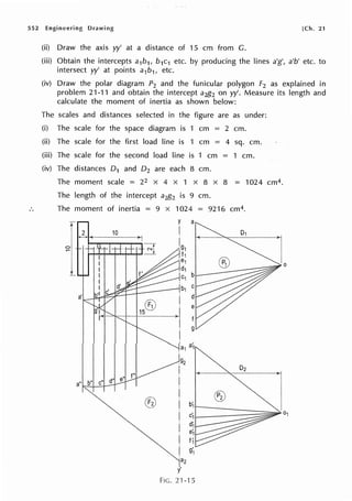 552 Engineering [Ch. 21
(ii) Draw the axis yy' at a distance of 15 cm from G.
(iii) Obtain the intercepts a1b1, b1c1 etc. by producing the lines a'g', a'b' etc. to
intersect yy' at points a1b1, etc.
(iv) Draw the polar diagram P2 and the funicular polygon f 2 as explained in
problem 21-11 and obtain the intercept aig2 on yy'. Measure its length and
calculate the moment of inertia as shown below:
The scales and distances selected in the figure are as under:
(i) The scale for the space diagram is 1 cm = 2 cm.
(ii) The scale for the first load line is 1 cm = 4 sq. cm.
(iii) The scale for the second load line is 1 cm = 1 cm.
(iv) The distances 0 1 and 0 2 are each 8 cm.
The moment scale = 22 X 4 X 1 X 8 X 8 = 1024 cm4.
The length of the intercept aig2 is 9 cm.
The moment of inertia = 9 X 1024 = 9216 cm4.
T
y a
I
10 I
1
91
01
~I f1
1 ·e1
d1
C1 b
b1 C
d
e
f
9
a1 a'1
.92
I 02
a" b" c" I
®
I ®
I b
I c;
I d
e;
I q
I 91
a2
y'
FIG. 21-15
0
01
 