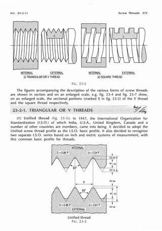 Art. 23-2-1] Screw Threads 575
INTERNAL EXTERNAL INTERNAL EXTERNAL
(i) TRIANGULAR ORV THREAD (ii) SQUARE THREAD
FIG. 23-2
The figures accompanying the description of the various forms of screw threads
are shown in section and on an enlarged scale, e.g. fig. 23-4 and fig. 23-7 show,
on an enlarged scale, the sectional portions (marked X in fig. 23-2) of the V thread
and the square thread respectively.
Y.L
.. :::? ~
(1) Unified thread (fig. 23-3): In 1947, the International Organization for
Standardization (1.5.0.) of which India, U.S.A., United Kingdom, Canada and a
number of other countries are members, came into being. It decided to adopt the
Unified screw thread profile as the 1.5.0. basic profile. It also decided to recognize
two separate 1.5.0. series based on inch and metric systems of measurement, with
this common basic profile for threads.
p
Unified thread
FIG. 23-3
Oleo
+
t
-010
J.
~"':-::~-L
1 y
I
Olco
 