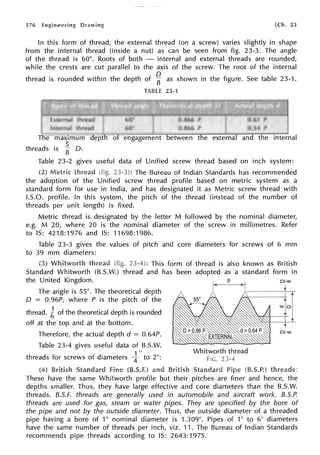 576 Engineering [Ch. 23
In this form of thread, the external thread (on a screw) varies slightly in shape
from the internal thread (inside a nut) as can be seen from fig. 23-3. The angle
of the thread is 60°. Roots of both - internal and external threads are rounded,
while the crests are cut parallel to the axis of the screw. The root of the internal
thread is rounded within the depth of ~ as shown in the figure. See table 23-1.
TABLE 23-1
The maximum depth of engagement between the external and the internal
threads is ~ D.
Table 23-2 gives useful data of Unified screw thread based on inch system:
Metric thread (fig. 23-3): The Bureau of Indian Standards has recommended
the adoption of the Unified screw thread profile based on metric system as a
standard form for use in India, and has designated it as Metric screw thread with
I.S.O. profile. In this system, the pitch of the thread (instead of the number of
threads per unit length) is fixed.
Metric thread is designated by the letter M followed by the nominal diameter,
e.g. M 20, where 20 is the nominal diameter of the screw in millimetres. Refer
to IS: 4218:1976 and IS: 11698:1986.
Table 23-3 gives the values of pitch and core diameters for screws of 6 mm
to 39 mm diameters:
(fig. This form of thread is also known as British
Standard Whitworth (B.S.W.) thread and has been adopted as a standard form in
the United Kingdom.
The angle is 55°. The theoretical depth
D = 0.96P, where P is the pitch of the
thread. i of the theoretical depth is rounded
off at the top and at the bottom.
Therefore, the actual depth d = 0.64P.
Table 23-4 gives useful data of B.S.W.
1 II
threads for screws of diameters 4 to 2":
fine and
r--~; - - - -
Whitworth thread
Fie. 23-4
These have the same Whitworth profile but their pitches are finer and hence, the
depths smaller. Thus, they have large effective and core diameters than the B.S.W.
threads. B.S.F. threads are generally used in automobile and aircraft work. B.S.P.
threads are used for gas, steam or water pipes. They are specified by the bore of
the pipe and not by the outside diameter. Thus, the outside diameter of a threaded
pipe having a bore of 1" nominal diameter is 1.309". Pipes of 1" to 6" diameters
have the same number of threads per inch, viz. 11. The Bureau of Indian Standards
recommends pipe threads according to IS: 2643:1975.
 