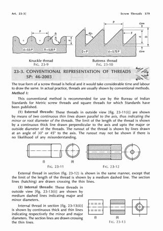 Art. 23-3]
Knuckle thread
FIG. 23-9
Screw Threads 579
p
r---!
Buttress thread
FIG. 23-10
~------
r4
~"~
~ - ~ -
The true form of a screw thread is helical and it would take considerable time and labour
to draw the same. In actual practice, threads are usually shown by conventional methods.
Method I:
This conventional method is recommended for use by the Bureau of Indian
Standards for Metric screw threads and square threads for which Standards have
been published.
(1) External threads: These threads in outside view [fig. 23-11 (i)] are shown
by means of two continuous thin fines drawn parallel to the axis, thus indicating the
minor or root diameter of the threads. The limit of the length of the thread is shown
by a continuous thick line drawn perpendicular to the axis and upto the major or
outside diameter of the threads. The runout of the thread is shown by lines drawn
at an angle of 30° or 45° to the axis. The runout may not be shown if there is
no likelihood of any misunderstanding.
~·-·-·-J-l$ -¢
1;1 i;;i V
FIG. 23-11 FIG. 23-·J 2
External thread in section (fig. 23-12) is shown in the same manner, except that
the limit of the length of the thread is shown by a medium dashed line. The section
lines (hatching) are drawn crossing the thin lines.
(2) Internal These threads in
outside view [fig. 23-13(i)] are shown by
medium dashed lines indicating major and
minor diameters.
Internal thread in section [fig. 23-13(ii)]
is shown by continuous thick and thin lines
indicating respectively the minor and major
diameters. The section lines are drawn crossing
the thin lines.
(i) (ii)
FIG. 23-13
 