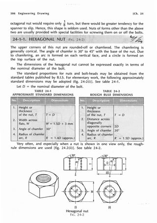 586 Engineering Drawing [Ch. 24
octagonal nut would require only i turn, but there would be greater tendency for the
spanner to slip. Hence, this shape is seldom used. Nuts of forms other than the above
two are usually provided with special facilities for screwing them on or off the bolts.
The upper corners of this nut are rounded-off or chamfered. The chamfering is
generally conical. The angle of chamfer is 30° to 45° with the base of the nut. Due
to chamfering, an arc is formed on each vertical face, and a circle is formed on
the top surface of the nut.
The dimensions of the hexagonal nut cannot be expressed exactly in terms of
the nominal diameter of the bolt.
The standard proportions for nuts and bolt-heads may be obtained from the
standard tables published by B.I.S. For elementary work, the following approximately
standard dimensions may be adopted (fig. 24-2(i)]. See table 24-1.
Let O = the nominal diameter of the bolt.
TABLE 24-1
APPROXIMATE STANDARD DIMENSIONS
T =[)
2. Width across
flats, W W =1.50 + 3 mm
3. Angle of chamfer 30°
4. Radius of chamfer
arc, R R = 1AD (approx.)
TABLE 24-2
ROUGH RULE DIMENSIONS
. 2. Distance across
diagonally
T = D
opposite corners 20
Angle of chamfer 30°
4. Radius of chamfer
arc, R R = 1.50 (approx.)
Very often, and especially when a nut is shown in one view only, the rough-
rule dimensions are used [fig. 24.2(ii)]. See table 24-2.
(i)
Hexagonal nut
FIG. 24-2
(ii)
 