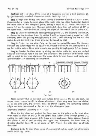 Art. 24-1-1] Screwed Fastenings 587
Problem 24-1. To draw three views of a hexagonal nut for a bolt diameter D,
by approximately standard dimensions (table 24-1) (fig. 24-3).
Step 1: Begin with the top view. Draw a circle of diameter W equal to 1.50 + 3 mm.
Circumscribe a regular hexagon about this circle with two sides horizontal. Project
the front view of the hexagonal prism, taking T equal to 0. Project the circle to
points A-A on the upper face. Through points A-A, draw lines AB inclined at 30° to
the upper face. Draw the line BB cutting the edges of the central face at points C-C.
Step 2: Draw the central arc passing through points C-C and touching the line M,
as shown by construction lines. Its radius R will be approximately equal to 1.40.
Similarly, draw arcs passing through points 8 and C and touching the line M. The
radius R1 and the centre for these arcs may be found by trial.
Step 3: Project the side view. Only two faces of the nut will be seen. The distance
between the outer edges will be equal to W. Project the line BB and obtain points E-E
on the vertical edges. Draw arcs in each face passing through points E-E as shown.
Step 4: Finalise the three views by adding two circles in the top view and dashed
lines for the screwed hole in the front and side views. The diameter of the inner circle
will be equal to the core diameter. The outer circle is kept thinner and partly cut,
approximately 75% according to convention.
W CHAMFERED CORNERS
A r'
_;,;."""'=.....-i,.........-,."""B-~-Itfl J'
+
B C
A 30'
(i) (ii) (iii) (iv)
FIG. 24-3
Note carefully that in the front view where three faces of the nut are seen, the
upper outer corners should be shown chamfered. When only two faces are visible,
as in the side view, the corners must be shown square. The remaining vertical
edges are seen terminated at the arcs on the chamfered face.
Alternative method (assuming R = 1.40):
Draw the top view and project the three faces of the prism in the front view.
With radius R, draw an arc CC in the central face. Draw a line through points C-C,
cutting the outer lines at points 8-8. Draw arcs in each outer face, passing through
the points 8 and C and touching the upper line. Complete the front view by
drawing chamfer lines AB at an angle of 30°. Project the side view as already
described.
Problem 24-2. To draw three views of a hexagonal nut by rough-rule dimensions
(table 24-2) (fig. 24-4).
 