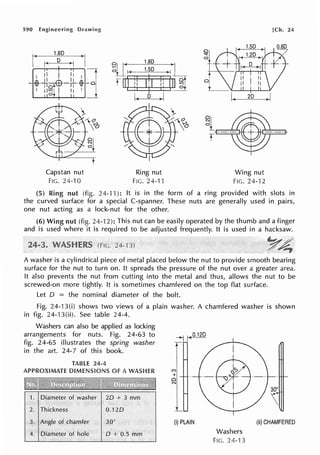 590 Engineering Drawing
r 1.ao ---i
I ~-~ I
Capstan nut
FIG. 24-10
Ring nut
FIG. 24-11
Wing nut
FIG. 24-12
[Ch. 24
(5) Ring nut (fig. 24-11 ): It is in the form of a ring provided with slots in
the curved surface for a special C-spanner. These nuts are generally used in pairs,
one nut acting as a lock-nut for the other.
(6) Wing nut (fig. 24-12): This nut can be easily operated by the thumb and a finger
and is used where it is required to be adjusted frequently. It is used in a hacksaw.
~~
/ . ~
A washer is a cylindrical piece of metal placed below the nut to provide smooth bearing
surface for the nut to turn on. It spreads the pressure of the nut over a greater area.
It also prevents the nut from cutting into the metal and thus, allows the nut to be
screwed-on more tightly. It is sometimes chamfered on the top flat surface.
Let D = the nominal diameter of the bolt.
Fig. 24-13(i) shows two views of a plain washer. A chamfered washer is shown
in fig. 24-13(ii). See table 24-4.
Washers can also be applied as locking
arrangements for nuts. Fig. 24-63 to
fig. 24-65 illustrates the spring washer
in the art. 24-7 of this book.
TABLE 24·4
APPROXIMATE DIMENSIONS Of A WA.SHER
1. Diameter of washer 20 + 3 mm
2. Thickness 0.120
3. Angle of chamfer 30"
4. Diameter of hole O + 0.5 mm
C')
+
Cl
CJ
(i) PLAIN
Washers
FIG. 24-'l 3
30°
(ii) CHAMFERED
 