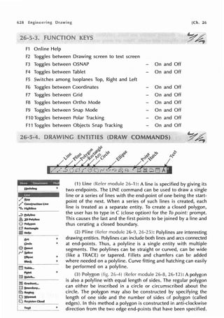 628
F1
F2
F3
F4
FS
F6
F7
F8
F9
Online Help
Toggles between Drawing screen to text screen
Toggles between OSNAP
Toggles between Tablet
Switches among lsoplanes Top, Right and Left
Toggles between Coordinates
Toggles between Grid
Toggles between Ortho Mode
Toggles between Snap Mode
On and Off
On and Off
[Ch. 26
F10 Toggles between Polar Tracking
On and Off
On and Off
On and Off
On and Off
On and Off
On and Off
F11 Toggles between Objects Snap Tracking
(1) Une (Refer module 26-1 ): A line is specified by giving its
two endpoints. The LINE command can be used to draw a single
line or a series of lines with the end-point of one being the start-
point of the next. When a series of such lines is created, each
line is treated as a separate entity. To create a closed polygon,
the user has to type in C (close option) for the To point: prompt.
This causes the last and the first points to be joined by a line and
thus cerating a closed boundary.
Pline module 26-9, 26-25): Polylines are interesting
drawing entities. Polylines can include both lines and arcs connected
at end-points. Thus, a polyline is a single entity with multiple
segments. The polylines can be straight or curved, can be wide
(like a TRACE) or tapered. Fillets and chamfers can be added
where needed on a polyline. Curve fitting and hatching can easily
be performed on a polyline.
(fig. 26-4) (Refer module 26-8, 26-12): A polygon
is also a polyline with equal length of sides. The regular polygon
can either be inscribed in a circle or circumscribed about the
circle. The polygon may also be constructed by specifying the
length of one side and the number of sides of polygon (called
edges). In this method a polygon is constructed in anti-clockwise
direction from the two edge end-points that have been specified.
 