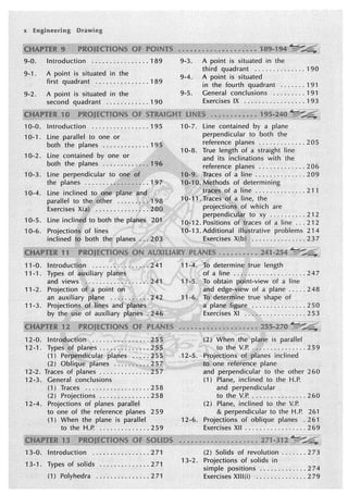 9-0. Introduction ................ 189
9-1. A point is situated in the
first quadrant . . . . . ... . . . . . . . 189
9-2. A point is situated in the
second quadrant ............ 190
10-0. Introduction . . . . . . . . . . . .... 195
10-1 . Line parallel to one or
both the planes ............. 1
10-2. line contained by one or
both the planes ........ .
10-3. Line perpendicular to v111::,.,1:,:1·,,,.
10-4.
10-5.
10-6.
the planes ...... .
!ntroductibn
Types of .i~xiliary
and views ''0
 ••••••••
11-2. Projection df2,a point Qn
an auxiliary pl~ne ..
11-3. ProjectiO!'JS ;Of }fo~s -- ·'···,01
"
by th~(use of auxiliary
)
(2)
12-2. Traces
12~3. General conclusions
(1) Traces . .. . . . . .. . . ...... 258
(2) Projections .............. 258
12-4. Projections of planes parallel
to one of the reference planes 259
{1} When the plane is parallel
to the H.P. .............. 259
13-0. Introduction . . ........ , .... 271
13-l. Types of solids .............. 271
(1) Polyhedra ............... 271
9-3. A point is situated in the
third quadrant . . . .......... 190
9-4. A point is situated
in the fourth quadrant ....... 191
9-5. General conclusions ......... 191
Exercises IX . . . . . . . . . . . . . . . . 193
10-7. Line contained by a plane
perpendicular to both the
reference planes , . . . . . . . .... 205
True length of a straight line
and its inclinations with the
reference planes . . . . . . ...... 206
of a line .............. 209
l,/1;,,th,,rlc of determining
a line ............. 21 l
line, the
nr,lii><·tin,fii(. which are
to xy .... ,. .... 212
of a line ... 21 2
problems 21 4
. ............. 237
determinetrue length
of a line .. A ................ 247
obtain pofot-view of a line
an.d edge~yiew of a plane ..... 248
Tq deter111ine true shape of
a plan~ tigt,tre . . . . . . . . . . . ... 25o
Exercises XI • • . ...•...••. 253
inclined
<to(one plane
and perpendicular to the other 260
(1) Plane, inclined to the H.P.
and perpendicular
to the V.P. ...... ,. .. .. . . 260
(2) Plane, inclined to the V.P.
& perpendicular to the H.P. 261
12-6. Projections of oblique planes . 261
Exercises XII . . . . . . . . . . . . . . . . 269
{2) Solids of revolution ...... 273
13-2. Projections of solids in
simple positions ..............274
Exercises Xlll(i) . . . . . ........ 279
 