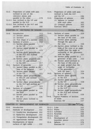 13-3. Projections of solids with axes
inclined to one of the
reference planes and
parallel to the other ..•••... 279
13-3-1 . Axis inclined to the V.P. and
parallel to. the H.P. .•...•••. 2 80
13-3.'.;t. Axis inclined to the H.P. and
parallel to the V.P. ••..•.•••• 282
14-1.
(4)
·.... 323
14-3. . ... ; .. 326
parallel to
...... 326
Section plane parallel to
the axis ......• , ....... 326
(3) Section plane inclined to
the base ; ............ 326
Introduction ; ........... , .. 351
15-1. Methods of development .... 352
(1) Pa.tall.el-line development 352
(2) Radial-line development . 352
(3) Triang1.1lation development 352
(4) Approximate method •.•. 352
15-2. Developments of lateral
surfaces of right solids ...... 352
Table of Contents xi
13~4. Projections of solids witb axes
inclined to both the H.P.
and the V.P. • . . .. • . . .. . .. ; 2 8.6
13-5. ProjeGtions of spheres •s ••••• 300
(1). Spheres in .contact
with eacb other .
(2) Unequal. spheres . •. . ... 303
Exercises Xlll(ii) ••• , , ...• .•. ; 309
.. .. 334
..... 338
.. 338
15-2-1. Cube ..........•.•.......•.
15-2-2. Prisms . . . ....·.............. .
15-'2·3. Cylinders ...... .; . . . .•. , • 35.6
15·2~4. Pyramids .... ; . . . . . .. ~ .. 360
:J 5·2-5. Cone ......... •
.... , •.. ; ...• 365
15-3. Development.of
transition pieces ; .. ,
15-4. Spheres . .•• . •. . • . . , ... ; ... 376
Exercises XV ............ ..
 
