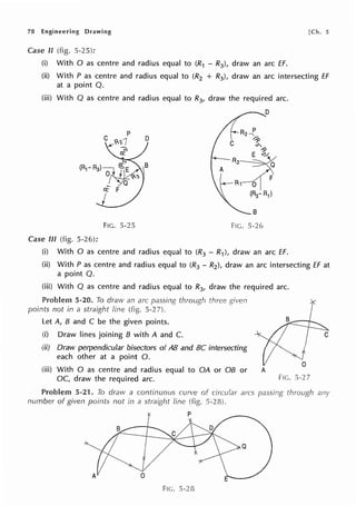 78 Engineering Drawing [Ch. 5
Case II (fig. 5-25):
(i) With O as centre and radius equal to (R1 - R3), draw an arc ff.
(ii) With P as centre and radius equal to (R2 + R3), draw an arc intersecting ff
at a point Q.
(iii) With Q as centre and radius equal to R3, draw the required arc.
FIG. 5-25
Case Ill (fig. 5-26):
8
FIG. 5-26
(i) With O as centre and radius equal to (R3 - R1), draw an arc ff.
(ii) With P as centre and radius equal to (R3 - R2), draw an arc intersecting ff at
a point Q.
(iii) With Q as centre and radius equal to R3, draw the required arc.
Problem 5-20. To draw an arc passing through
points not in a straight fine (fig. 5-2 7).
Let A, B and C be the given points.
(i) Draw lines joining B with A and C.
(ii) Draw perpendicular bisectors of AB and BC intersecting
each other at a point 0.
(iii) With O as centre and radius equal to QA or OB or
OC, draw the required arc.
Problem 5-21. To draw a continuous curve of circular arcs
number of given points not in a straight fine (fig.
Q
FIG. 5-28
A
FIG. 5-27
through any
 