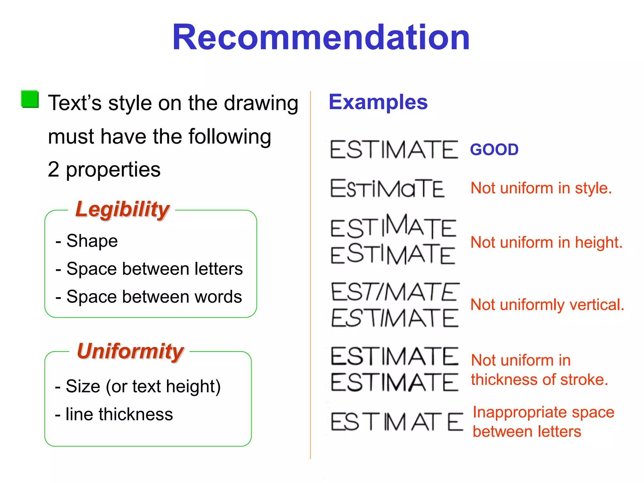 - Size (or text height)
- line thickness
- Shape
- Space between letters
- Space between words
Recommendation
Legibility
Uniformity
Text’s style on the drawing
must have the following
2 properties
Examples
GOOD
Not uniform in style.
Not uniform in height.
Not uniformly vertical.
Not uniform in
thickness of stroke.
Inappropriate space
between letters
 