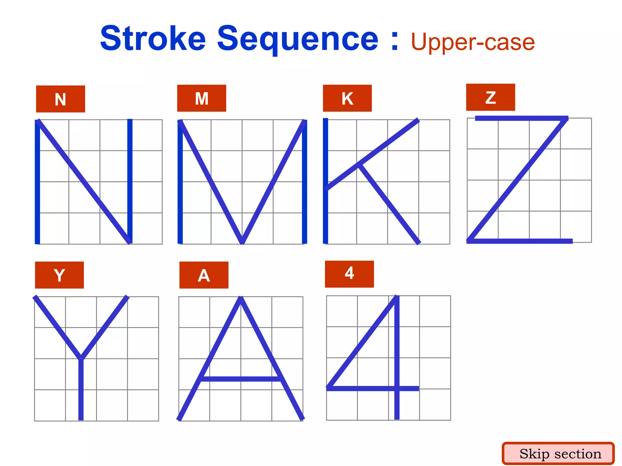 N M K Z
Y A 4
Stroke Sequence : Upper-case
Skip section
 