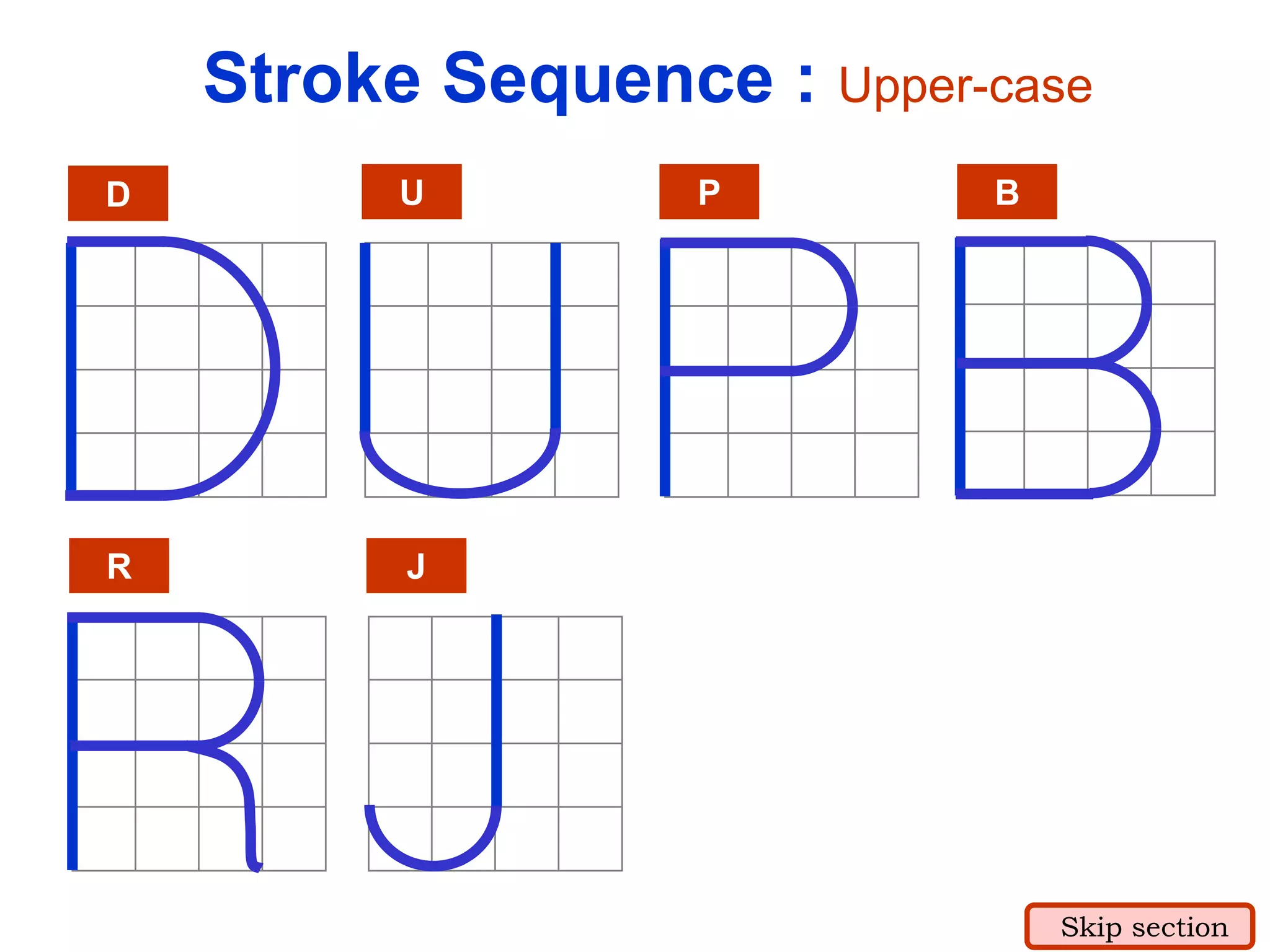 D U P B
R J
Stroke Sequence : Upper-case
Skip section
 