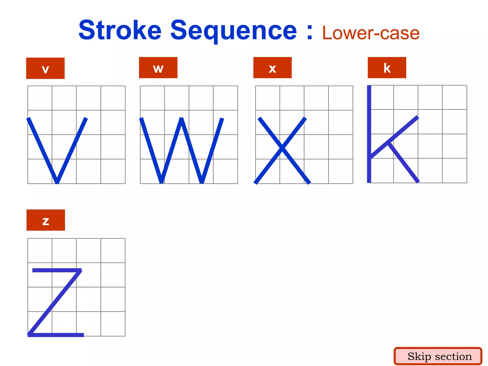 v w x k
z
Stroke Sequence : Lower-case
Skip section
 