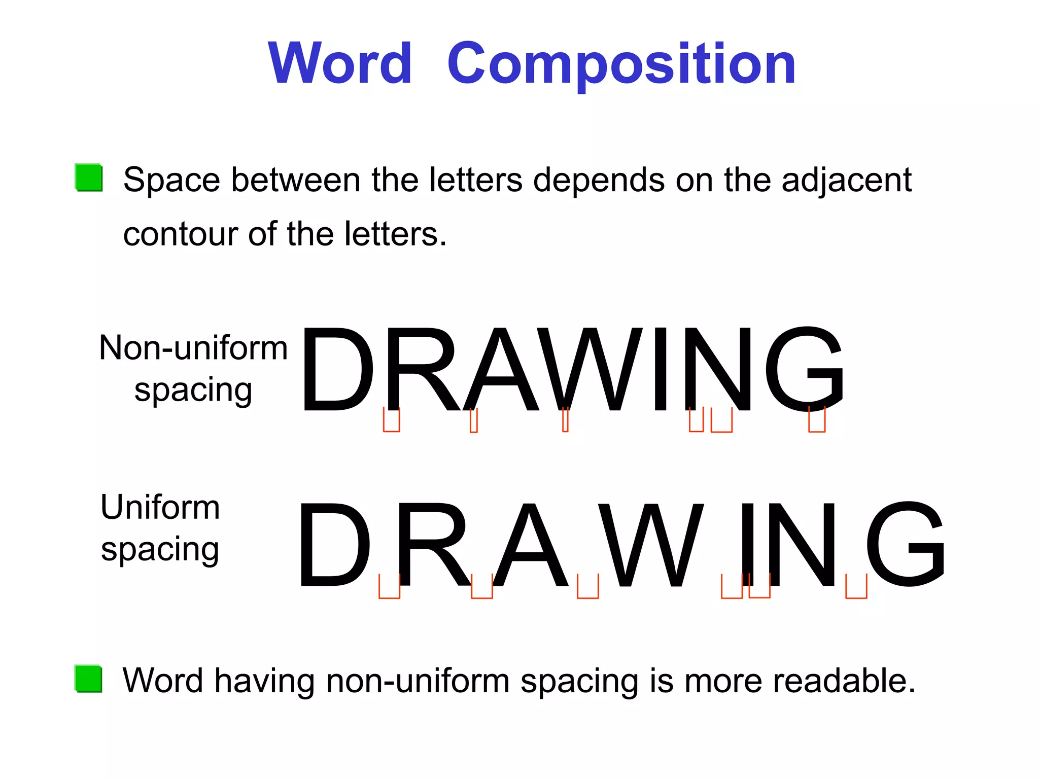 DRAWING
Word Composition
Non-uniform
spacing
Uniform
spacing
DR A W ING
Space between the letters depends on the adjacent
contour of the letters.
Word having non-uniform spacing is more readable.
 