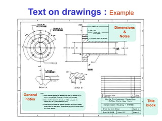 Text on drawings : Example
General
notes Title
block
Dimensions
&
Notes
 