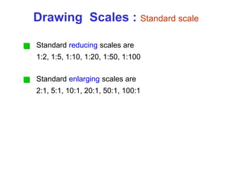 Standard reducing scales are
1:2, 1:5, 1:10, 1:20, 1:50, 1:100
Drawing Scales : Standard scale
Standard enlarging scales are
2:1, 5:1, 10:1, 20:1, 50:1, 100:1
 