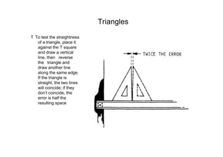 Triangles     To test the straightness of a triangle, place it against the T square and draw a vertical line, then  reverse the  triangle and draw another line along the same edge. If the triangle is straight, the two lines will coincide; if they don’t coincide, the error is half the resulting space  