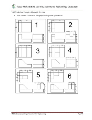 Hajee Mohammad Danesh Science and Technology University
Md. Roknuzzaman, Department of Civil Engineering Page 99
7.4.9 Worked-out Examples of Isometric Drawing
1. Draw isometric view from the orthographic views given in figures below:
 