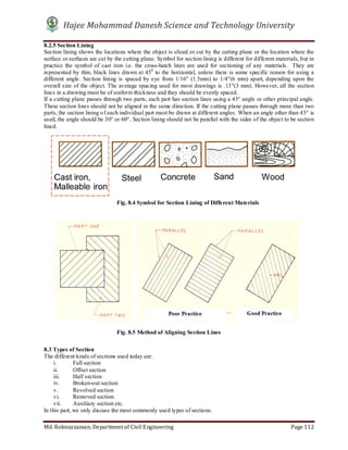 Hajee Mohammad Danesh Science and Technology University
Md. Roknuzzaman, Department of Civil Engineering Page 112
8.2.5 Section Lining
Section lining shows the locations where the object is sliced or cut by the cutting plane or the location where the
surface or surfaces are cut by the cutting plane. Symbol for section lining is different for different materials, but in
practice the symbol of cast iron i.e. the cross-hatch lines are used for sectioning of any materials. They are
represented by thin, black lines drawn at 450
to the horizontal, unless there is some specific reason for using a
different angle. Section lining is spaced by eye from 1/16" (1.5mm) to 1/4"(6 mm) apart, depending upon the
overall size of the object. The average spacing used for most drawings is .13"(3 mm). However, all the section
lines in a drawing must be of uniform thickness and they should be evenly spaced.
If a cutting plane passes through two parts, each part has section lines using a 45° angle or other principal angle.
These section lines should not be aligned in the same direction. If the cutting plane passes through more than two
parts, the section lining of each individual part must be drawn at different angles. When an angle other than 45° is
used, the angle should be 30° or 60°. Section lining should not be parallel with the sides of the object to be section
lined.
8.3 Types of Section
The different kinds of sections used today are:
i. Full section
ii. Offset section
iii. Half section
iv. Broken-out section
v. Revolved section
vi. Removed section.
vii. Auxiliary section etc.
In this part, we only discuss the most commonly used types of sections.
Fig. 8.4 Symbol for Section Lining of Different Materials
Fig. 8.5 Method of Aligning Section Lines
 