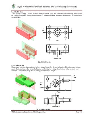 Hajee Mohammad Danesh Science and Technology University
Md. Roknuzzaman, Department of Civil Engineering Page 113
8.3.1 Full Section
A full section is simply a section of one of the regular multi views that is sliced or cut completely in two. When
the cutting plane passes through the entire object a full sectional view is obtained. Hidden lines are omitted from
sectional view.
8.3.2 Offset Section
Many times, important features do not fall in a straight line as they do in a full section. These important features
can be illustrated in an offset section by bending or offsetting the cutting-plane line. An offset section is very
similar to a full section, except that the cutting-plane line is not straight.
Fig. 8.6 Full Section
Fig. 8.7 Offset Section
 