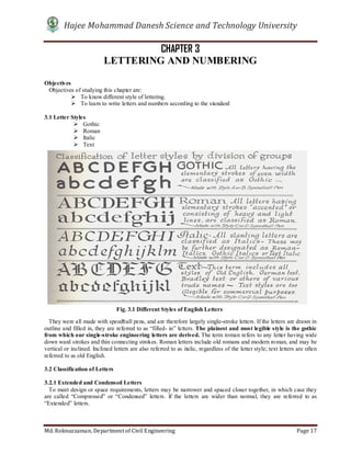 Hajee Mohammad Danesh Science and Technology University
Md. Roknuzzaman, Department of Civil Engineering Page 17
CHAPTER 3
LETTERING AND NUMBERING
Objectives
Objectives of studying this chapter are:
 To know different style of lettering.
 To learn to write letters and numbers according to the standard
3.1 Letter Styles
 Gothic
 Roman
 Italic
 Text
They were all made with speedball pens, and are therefore largely single-stroke letters. If the letters are drawn in
outline and filled in, they are referred to as “filled- in” letters. The plainest and most legible style is the gothic
from which our single-stroke engineering letters are derived. The term roman refers to any letter having wide
down ward strokes and thin connecting strokes. Roman letters include old romans and modern roman, and may be
vertical or inclined. Inclined letters are also referred to as italic, regardless of the letter style; text letters are often
referred to as old English.
3.2 Classification of Letters
3.2.1 Extended and Condensed Letters
To meet design or space requirements, letters may be narrower and spaced closer together, in which case they
are called “Compressed” or “Condensed” letters. If the letters are wider than normal, they are referred to as
“Extended” letters.
Fig. 3.1 Different Styles of English Letters
 