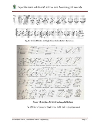 Hajee Mohammad Danesh Science and Technology University
Md. Roknuzzaman, Department of Civil Engineering Page 21
Fig. 3.4 Order of Strokes for Single Stroke Gothic Letters (Lowercase)
Fig. 3.5 Order of Strokes for Single Stroke Gothic Italic Letters (Uppercase)
 