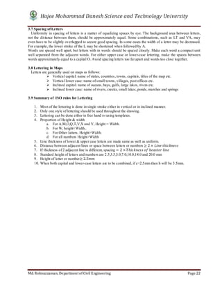 Hajee Mohammad Danesh Science and Technology University
Md. Roknuzzaman, Department of Civil Engineering Page 22
3.7 Spacing of Letters
Uniformity in spacing of letters is a matter of equalizing spaces by eye. The background area between letters,
not the distance between them, should be approximately equal. Some combinations, such as LT and VA, may
even have to be slightly overlapped to secure good spacing. In some cases the width of a letter may be decreased.
For example, the lower stroke of the L may be shortened when followed by A.
Words are spaced well apart, but letters with in words should be spaced closely. Make each word a compact unit
well separated from the adjacent words. For either upper case or lower-case lettering, make the spaces between
words approximately equal to a capital O. Avoid spacing letters too far apart and words too close together.
3.8 Lettering in Maps
Letters are generally used on maps as follows:
 Vertical capital: name of states, countries, towns, capitals, titles of the map etc.
 Vertical lower case: name of small towns, villages, post offices etc.
 Inclined capital: name of oceans, bays, gulfs, large lakes, rivers etc.
 Inclined lower case: name of rivers, creeks, small lakes, ponds, marshes and springs
3.9 Summary of ISO rules for Lettering
1. Most of the lettering is done in single stroke either in vertical or in inclined manner.
2. Only one style of lettering should be used throughout the drawing.
3. Lettering can be done either in free hand or using templates.
4. Proportion of Height & width
a. For A,M,O,Q,T,V,X and Y, Height = Width.
b. For W, height<Width..
c. For Other latters, Height>Width.
d. For all numbers Height>Width
5. Line thickness of lower & upper case letters are made same as well as uniform.
6. Distance between adjacent lines or space between letters or numbers ≥ 2 × 	 ℎ
7. If thickness of 2 adjacent line is different, spacing = 2 × ℎ 	 	ℎ 	
8. Standard height of letters and numbers are 2.5,3.5,5.0,7.0,10.0,14.0 and 20.0 mm
9. Height of letter or number≥ 2.5
10. When both capital and lower-case letters are to be combined, if c=2.5mm then h will be 3.5mm.
 