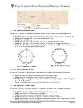 Hajee Mohammad Danesh Science and Technology University
Md. Roknuzzaman, Department of Civil Engineering Page 31
4.3.7 How to Draw A Pentagon (5 Sides)
Given: The locations of the pentagon center and the diameter of circle that will circumscribe the pentagon.
 Step 1: Draw the circle with given diameter taking given location as center (C). Letter a diameter as HB.
 Step 2: Draw a perpendicular CD that meets the circumference at D.
 Step 3: Bisect radius CB at A.
 Step 4: With A as center, and CD as radius, strike arc DE that meets the radius CH at E.
 Step 5: With D as center, and DE as radius, strike arc EF that meets the nearest circumference at F.
 Step 6: Draw line DF, this is the length of one side. Now set off distances DE around the circumference
of the circle, and draw the sides through these points.
4.3.8 How to Draw a Hexagon (6 Sides)
Given: The locations of the hexagon center and the diameter of circle that will circumscribe the hexagon.
 Step 1: Draw the circle with given diameter taking given location as center.
 Step 2: Extend the compass upto a length equal to the radius of the ciecle.
 Step 3: Starting from any point, say A1, on the circumference, cut 6 equal segments and mark the points
as A1, A2, A3, A4, A5 and A6.
 Step 4: Join each 2 consecutive points to obtain the hexagon A1 A2 A3 A4 A5A6.
4.3.9 How to Draw an Octagon (8 Sides)
Given: The locations of the octagon center and the diameter of circle that will be inscribed by the octagon.
 Step 1: Draw the circle with given diameter taking given location as center.
 Step 2: Draw any two mutually perpendicular diameters.
 Step 3: Draw tangents to the circle at the ends of diameters to obtain a square.
 Step 4: Draw diagonals of the square. Diagonals will intersect the circle at 4 points.
 Step 5: Draw tangent to the circle at the 4 intersection points obtained in step 4. These tangents will meet
the sides of square drawn in step 3. Now darken the obtained octagon.
Fig. 4.13 Transferring a Complex Shape to Another Location
Fig. 4.15 Drawing of a HexagonFig. 4.14 Drawing of a Pentagon
Given Shape
Step 1 Step 2
 