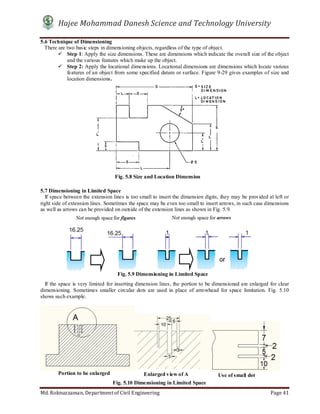 Hajee Mohammad Danesh Science and Technology University
Md. Roknuzzaman, Department of Civil Engineering Page 41
5.6 Technique of Dimensioning
There are two basic steps in dimensioning objects, regardless of the type of object.
 Step 1: Apply the size dimensions. These are dimensions which indicate the overall size of the object
and the various features which make up the object.
 Step 2: Apply the locational dimensions. Locational dimensions are dimensions which locate various
features of an object from some specified datum or surface. Figure 9-29 gives examples of size and
location dimensions.
5.7 Dimensioning in Limited Space
If space between the extension lines is too small to insert the dimension digits, they may be provided al left or
right side of extension lines. Sometimes the space may be even too small to insert arrows, in such case dimensions
as well as arrows can be provided on outside of the extension lines as shown in Fig. 5.9.
If the space is very limited for inserting dimension lines, the portion to be dimensioned are enlarged for clear
dimensioning. Sometimes smaller circular dots are used in place of arrowhead for space limitation. Fig. 5.10
shows such example.
Fig. 5.10 Dimensioning in Limited Space
Portion to be enlarged Enlarged view of A Use of small dot
Fig. 5.8 Size and Location Dimension
Fig. 5.9 Dimensioning in Limited Space
 