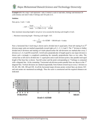 Hajee Mohammad Danesh Science and Technology University
Md. Roknuzzaman, Department of Civil Engineering Page 67
Example 6.11: On a map 1 inch represents 1 mile. Construct a scale to read miles, furlongs and minimum 20
yards distance and mark 4 miles 6 furlongs and 120 yards on it.
Solution:
Here given, 1 inch = 1 mile
63360
1
12317601
1
1
1
.. 


mile
inch
FR
Here maximum measuring length is not given. Let us assume the drawing scale length is 6 inch.
 Maximum measuring length = Drawing scale length  R.F.
633606
63360
1
6  = 380160 inch = 6 miles
Now a horizontal line 6 inch long is drawn and is divided into 6 equal parts. From left staring 0 at 2nd
division major units are marked sequentially toward right as 0, 1, 2, 3, 4 and 5. The 1st
division is further
divided into 8 divisions and starting at 0 mark placed earlier the sub-divisions are marked after every 2
division as 2, 4, 6 and 80 toward left. At left end a perpendicular of length equal to one major division is
drawn and a rectangle is completed considering the mutually perpendicular lines as two sides. The
vertical line at left end is divided into 11 equal parts and at each division point a line parallel and equal
length of the base line is drawn. Top left corner and the point corresponding to 7 furlongs is connected
with a diagonal line. At the remaining 7 horizontal sub-division points parallel lines are drawn to the 1st
diagonal line. Vertical divisions are marked sequentially from bottom toward top at every 2 division as
20, 60, 100, 140, 180 and 220. At all the horizontal major division points vertical lines are drawn. R.F.
and unit names are mentioned accordingly. Thus the scale is constructed and the required distances are
indicated.
	 :
 