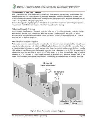 Hajee Mohammad Danesh Science and Technology University
Md. Roknuzzaman, Department of Civil Engineering Page 91
7.3.13 Limitation of Multi View Projection
Multi view orthographic projections generally show length along two principle axis in any particular view. The
length along the third axis cannot be shown in same view. This makes it difficult to understand them and only
technically trained persons can understand the meaning of these orthographic views. A layman cannot imagine the
shape of the object from orthographic projections.
To make the shape of an object easy to understand for both technical persons and non-technical laymen pictorial
projections are used. Most commonly used pictorial drawing is Isometric drawing.
7.4 Details of Isometric Projection
Isometric means "equal measure ". Isometric projection is that type of pictorial or single view projection of object
where all three principal edges (along height, width and depth) or axes are projected with equal 120° angles.
When a drawing is prepared with an isometric scale or otherwise if the object is actually projected on a plane of
projection, it is an isometric projection.
7.4.1 Principle of Isometric Projection
An isometric projection is an orthographic projection, but it is obtained in such a way that all the principle axes
are projected in the same view with reduction of their lengths in the same proportion. For this purpose the object is
so placed that its principle axes are equally inclined to the plane of projection. In other words, the front view of a
cube, resting on one of its corners is the isometric projection of the cube as shown in fig. 7.21. In comparison to
orthographic projection, an object is rotated by 450
with respect to its front face and then tilted forward or
backward by 350
16’ and then its view is drawn and that is its isometric view. But as the object is tilted all the
lengths projected on the plane appears to be shortened and thus they are drawn shortened in isometric projection.
Fig. 7.18 Object Placement in Isometric Projection
 