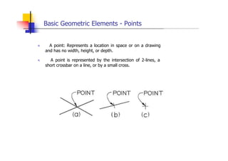 Basic Geometric Elements - Points
„ A point: Represents a location in space or on a drawing
and has no width, height, or depth.
„ A point is represented by the intersection of 2-lines, a
short crossbar on a line, or by a small cross.
 