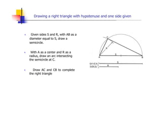 Drawing a right triangle with hypotenuse and one side given
„ Given sides S and R, with AB as a
diameter equal to S, draw a
semicircle.
„ With A as a center and R as a
radius, draw an arc intersecting
the semicircle at C.
„ Draw AC and CB to complete
the right triangle
 