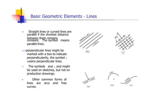 Basic Geometric Elements - Lines
„ Straight lines or curved lines are
parallel if the shortest distance
between them remains
constant. The symbol means
parallel lines.
-perpendicular lines might be
marked with a box to indicate
perpendicularity, the symbol ⊥
means perpendicular lines.
 The symbols and ⊥ and might
be used on sketches, but not on
production drawings.
„ Other common forms of
lines are arcs and free
curves.
 