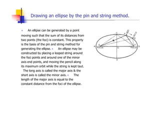 Drawing an ellipse by the pin and string method.
„ An ellipse can be generated by a point
moving such that the sum of its distances from
two points (the foci) is constant. This property
is the basis of the pin and string method for
generating the ellipse. „ An ellipse may be
constructed by placing a looped string around
the foci points and around one of the minor
axis end points, and moving the pencil along
its maximum orbit while the string is kept taut.
The long axis is called the major axis & the
short axis is called the minor axis. „ The
length of the major axis is equal to the
constant distance from the foci of the ellipse.
 