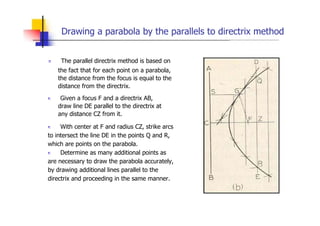 Drawing a parabola by the parallels to directrix method
„ The parallel directrix method is based on
the fact that for each point on a parabola,
the distance from the focus is equal to the
distance from the directrix.
„ Given a focus F and a directrix AB,
draw line DE parallel to the directrix at
any distance CZ from it.
„ With center at F and radius CZ, strike arcs
to intersect the line DE in the points Q and R,
which are points on the parabola.
„ Determine as many additional points as
are necessary to draw the parabola accurately,
by drawing additional lines parallel to the
directrix and proceeding in the same manner.
 