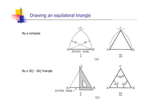 Drawing an equilateral triangle
By a compass
By a 30º - 60º triangle
 