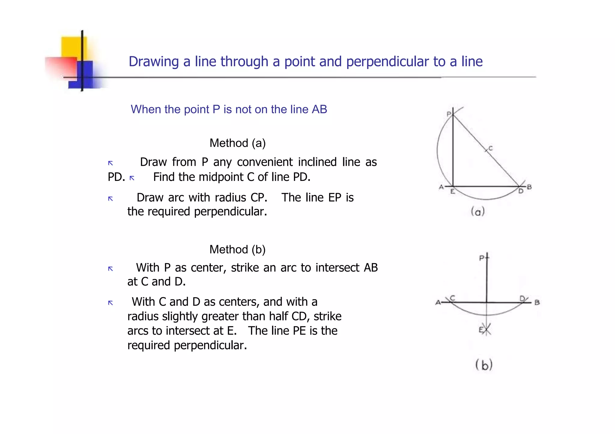 Drawing a line through a point and perpendicular to a line  When the point P is not on the line AB  Method (a)  „   Draw from P any convenient inclined line as PD.  „   Find the midpoint C of line PD.  „   Draw arc with radius CP.  The line EP is the required perpendicular.  Method (b)  „   With P as center, strike an arc to intersect AB at C and D.  „   With C and D as centers, and with a radius slightly greater than half CD, strike arcs to intersect at E.  The line PE is the required perpendicular.  