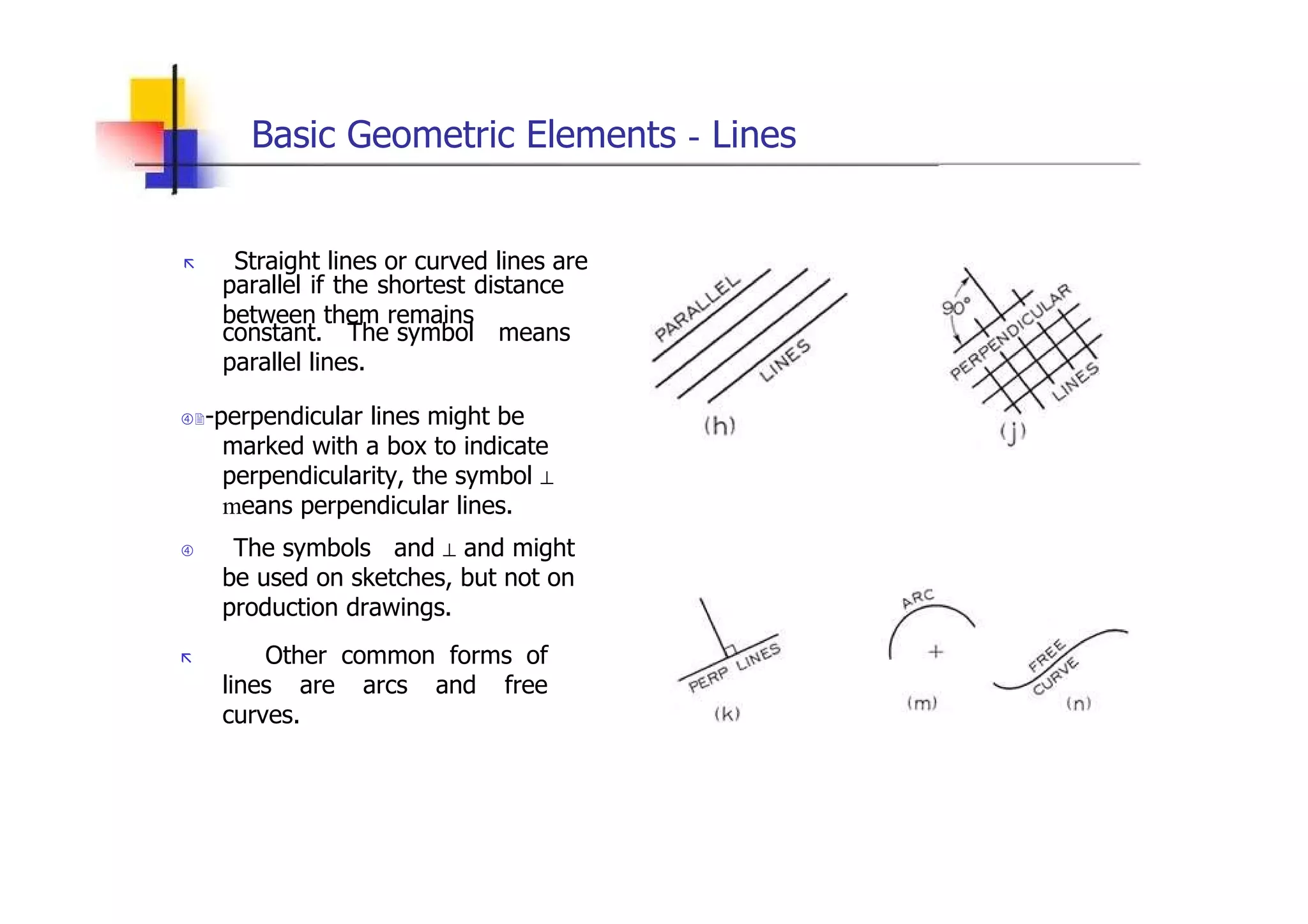 Basic Geometric Elements  -  Lines  „   Straight lines or curved lines are  parallel if the shortest distance between them remains  constant.  The symbol  means parallel lines.   -perpendicular lines might be marked with a box to indicate perpendicularity, the symbol ⊥  m eans perpendicular lines.     The symbols  and  ⊥  and might be used on sketches, but not on production drawings.  „   Other common forms of lines are arcs and free curves.  