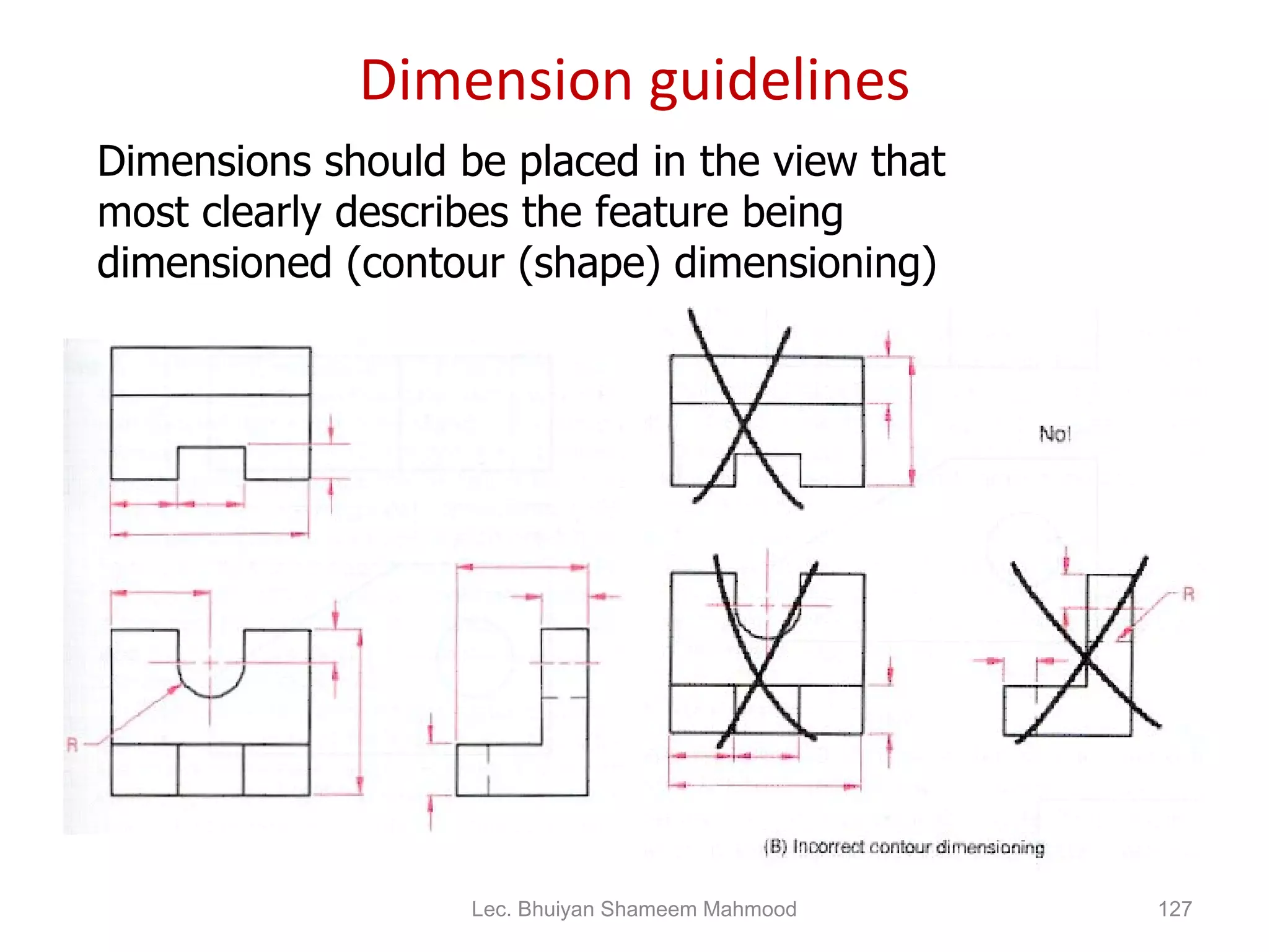 Dimension guidelines Dimensions should be placed in the view that most clearly describes the feature being dimensioned (contour (shape) dimensioning) Lec. Bhuiyan Shameem Mahmood 