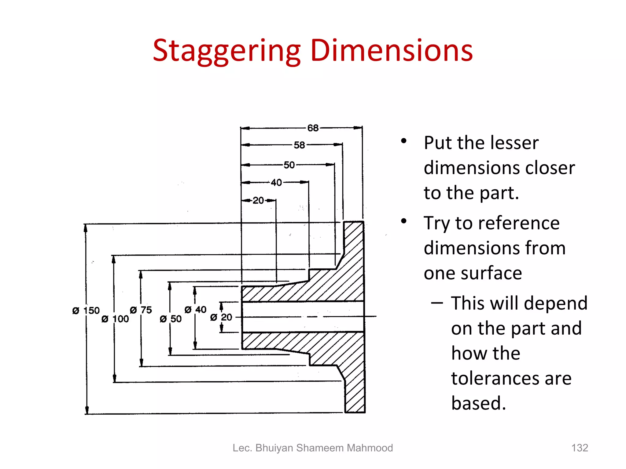 Staggering Dimensions Put the lesser dimensions closer to the part. Try to reference dimensions from one surface This will depend on the part and how the tolerances are based. Lec. Bhuiyan Shameem Mahmood 